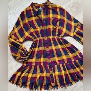 Angie Plaid Long Sleeve Dress with Ruffle Raw Hem Sz.S Boho Cowgirl 🤠